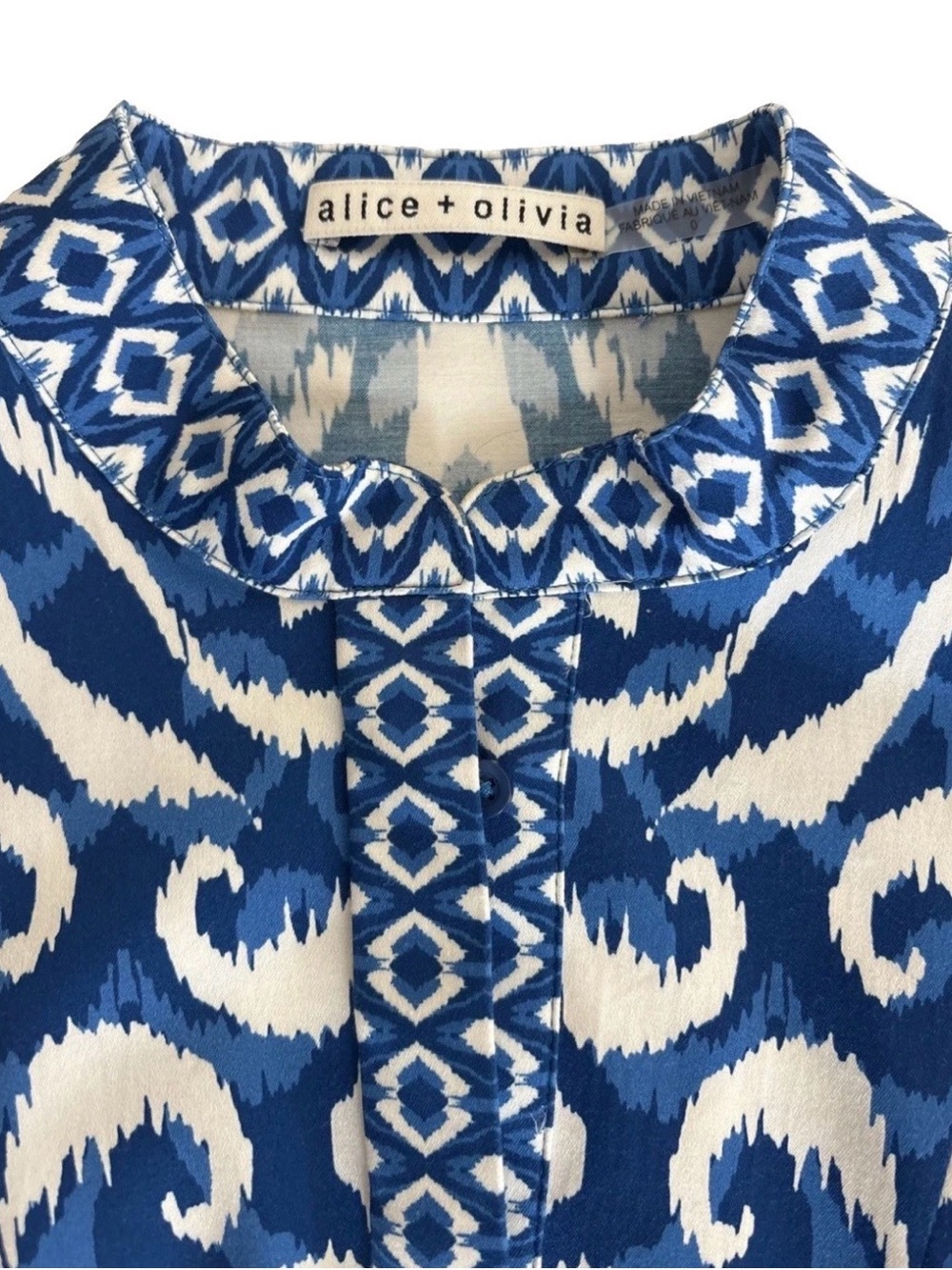 Alice + Olivia Rolled Sleeve Mini Shirt Dress Artisan Ikat French Blue Size 0 - Picture 11 of 16
